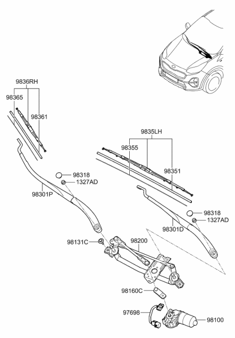 2021 Kia Sportage  Passenger Windshield Wiper Blade Assembly Diagram for 98361B1000