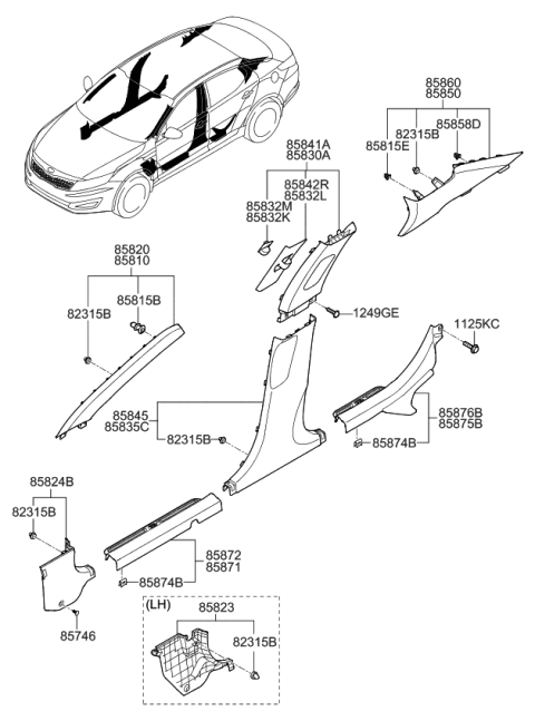 2011 Kia Optima Hybrid  Trim-Cowl Side LH Diagram for 858234U000VA