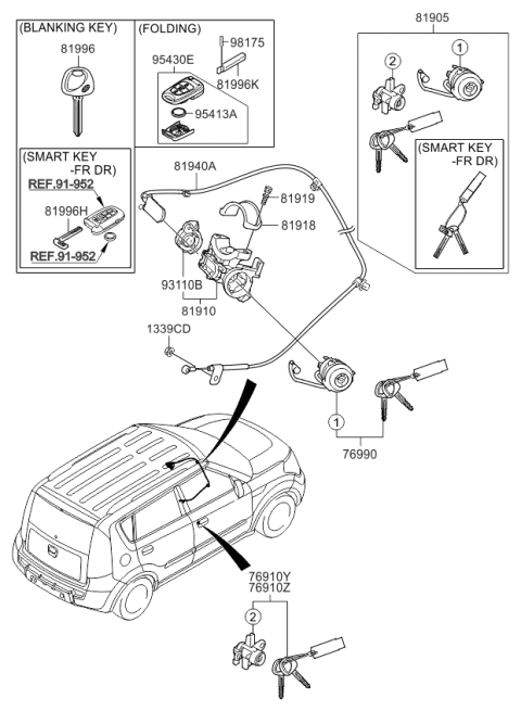 2010 Kia Soul  Lock Key & Cylinder Set Diagram for 819052K240