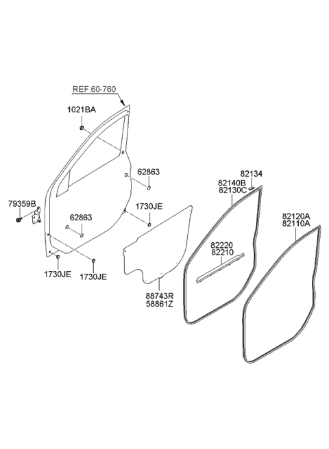 2008 Kia Sorento WEATHERSTRIP Assembly-Front Door Side Diagram for 821303E001