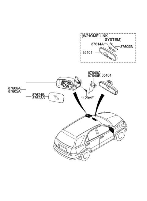 2008 Kia Sorento Outside Rear Mirror & Holder, Right Diagram for 876073E600