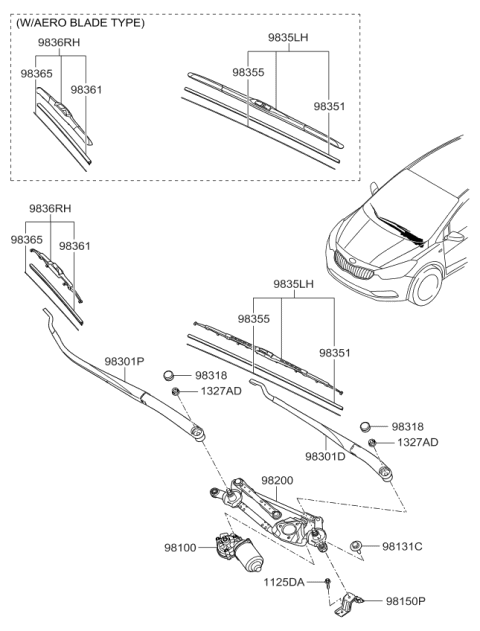 2014 Kia Forte  Passeger Windshield Wiper Blade Assembly Diagram for 98360A5000