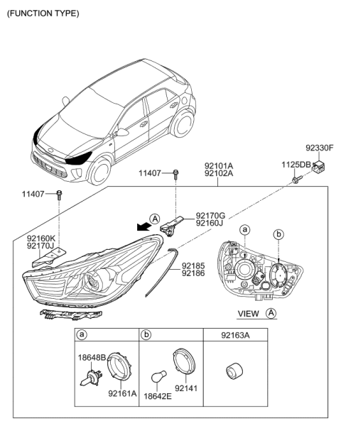 2020 Kia Rio  Passenger Side Headlight Assembly Diagram for 92102H9000