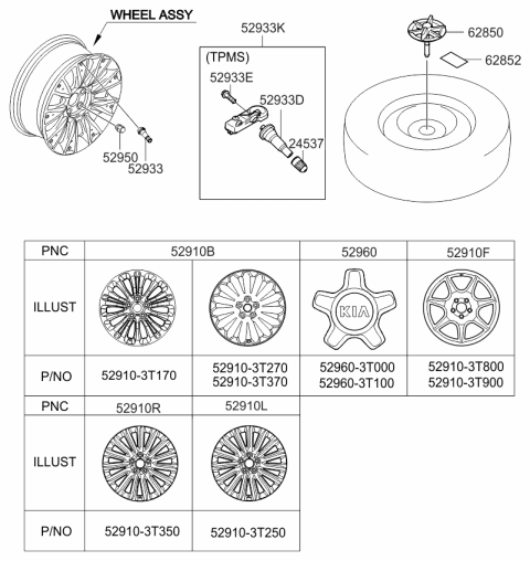2015 Kia K900 Tire Pressure Monitoring Sensor Stem Diagram for 529363T000