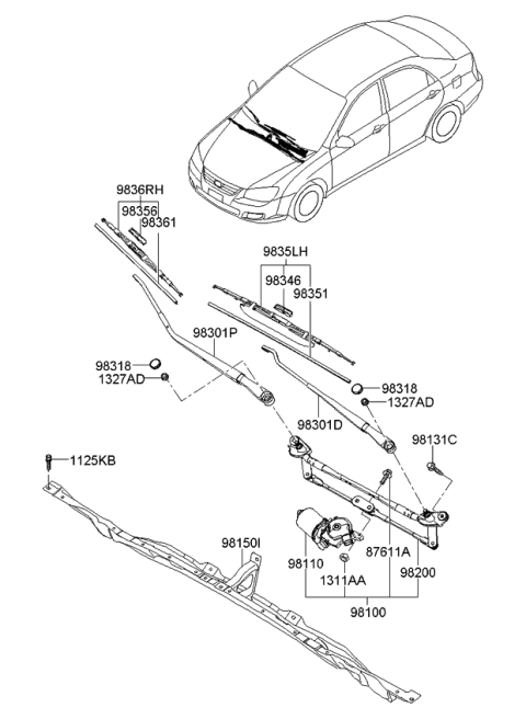 2008 Kia Spectra  Drive Windshield Wiper Blade Assembly Diagram for 983513F000