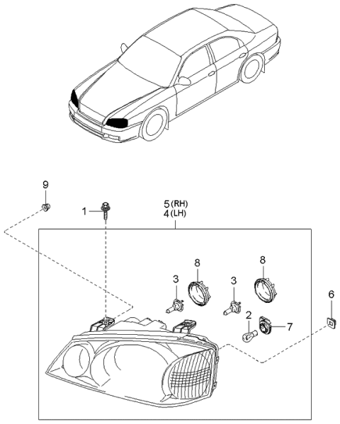 2000 Kia Optima  Driver Side Headlight Assembly Diagram for 921013C050