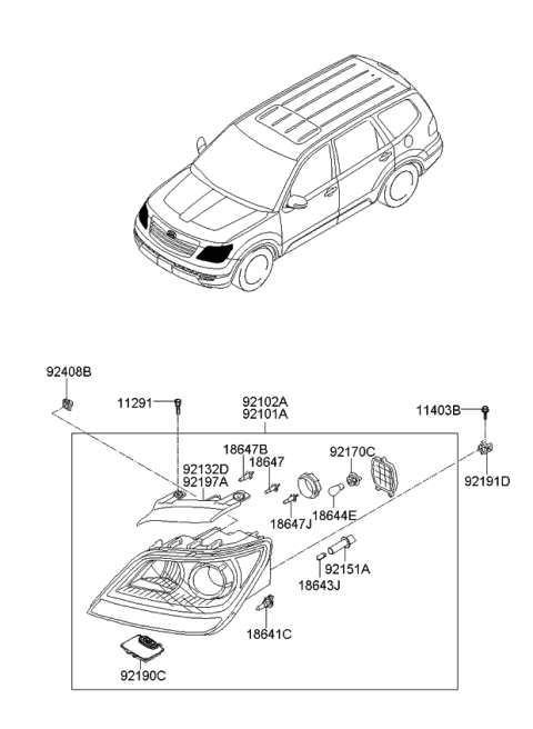 2008 Kia Borrego Clip Head Lamp Mounting Diagram for 921733E500