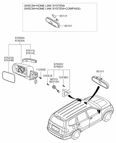 2008 Kia Borrego Rear View Inside Mirror Assembly Diagram for 851013J200