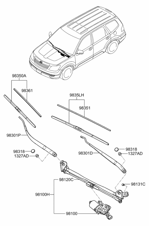 2010 Kia Borrego  Drive Windshield Wiper Blade Assembly Diagram for 983512J000