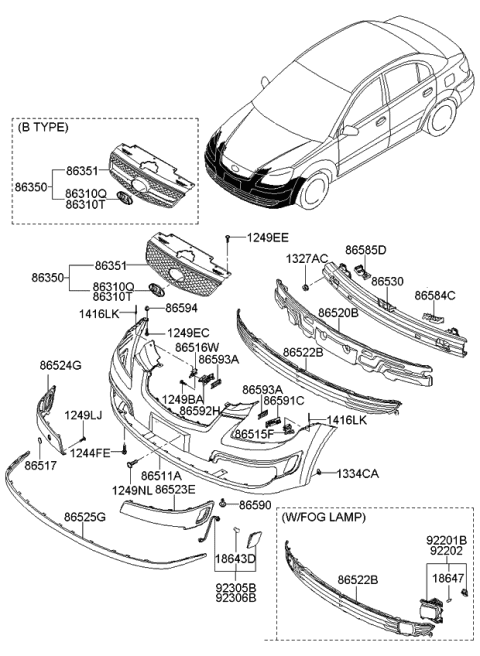 2009 Kia Rio  Radiator Grille Assembly Diagram for 863601G011