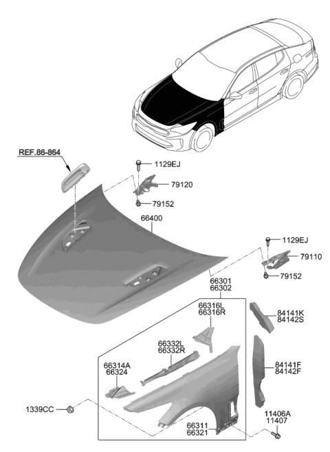 2020 Kia Stinger Bolt-Hood Hinge Mounting Diagram for 7915222000