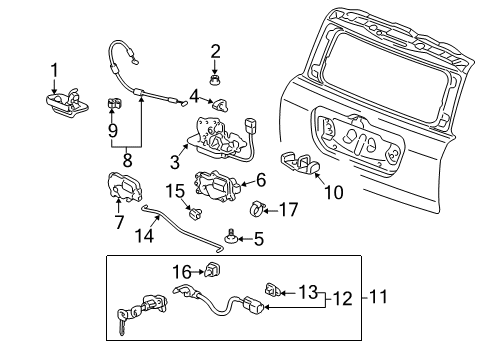 2003 Honda Pilot Lift Gate Striker Assembly, Tailgate Diagram for 74813-S05-003