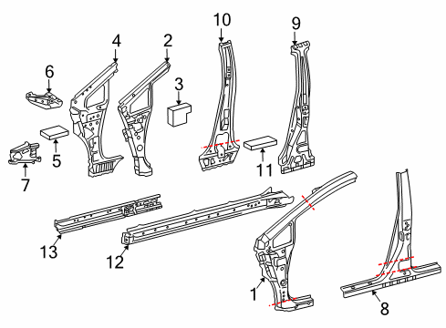 2012 Toyota Prius V Center Pillar & Rocker, Hinge Pillar Inner Hinge Pillar Diagram for 61024-47070