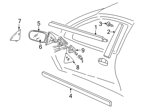 2002 Pontiac Sunfire Outside Mirrors, Exterior Trim Molding Kit, Front Side Door Lower- LH *Primed Diagram for 88892969