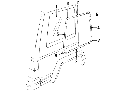 1986 Jeep Wagoneer Glass & Hardware - Quarter Panel Rip LIFTDOOR Glass Diagram for 55007135