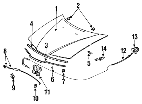 1993 Honda Prelude Hood & Components Grommet, Hood Stay Diagram for 90670-SE0-003