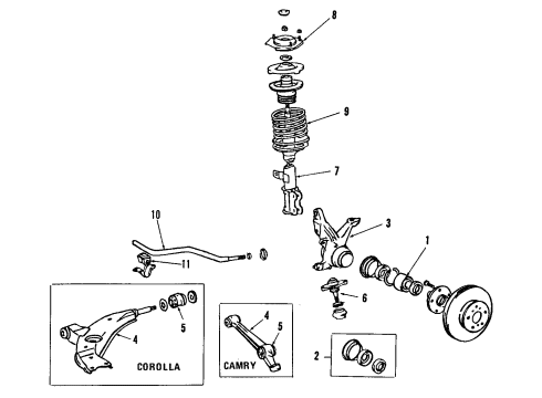 1991 Toyota Camry Front Suspension Components, Lower Control Arm, Stabilizer Bar Cushion, Strut Bar Diagram for 48674-32090