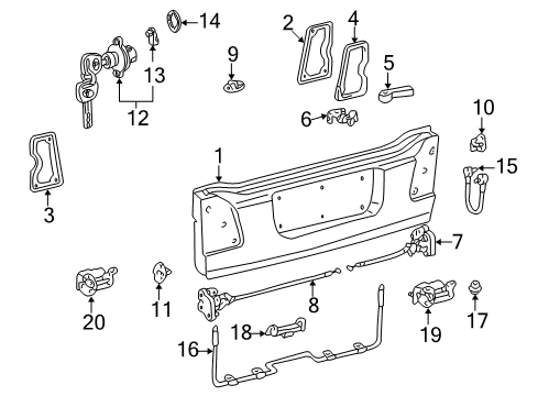 1998 Lexus LX470 Tail Gate - Gate & Hardware Guide, Back Door Torsion Bar Diagram for 68846-60010