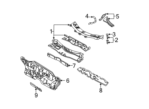2002 Ford Focus Cowl Lower Pad Diagram for 3S4Z-54017B85-AA