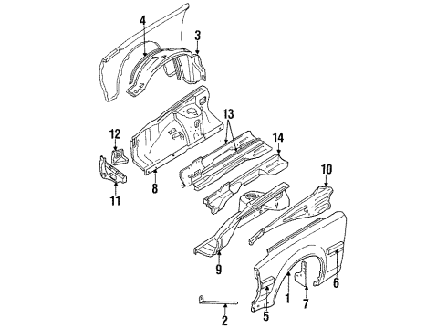 1986 Nissan 300ZX Fender & Components, Inner Structure & Rails, Exterior Trim Prot Front Fender L Diagram for 63881-16P01