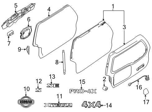 2009 Nissan Xterra Lift Gate & Hardware, Exterior Trim Stay Assembly - Back Door, RH Diagram for 90450-EA00B