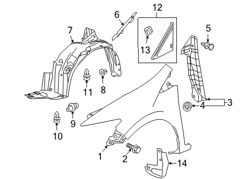 2013 Honda Insight Fender & Components, Exterior Trim Fender Assembly, Left Front (Inner) Diagram for 74150-TM8-J10