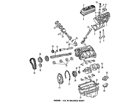 1996 GMC Sonoma Engine Parts, Mounts, Cylinder Head & Valves, Camshaft & Timing, Oil Cooler, Oil Pump, Balance Shafts, Crankshaft & Bearings, Pistons, Rings & Bearings Mount, Engine Diagram for 15138296