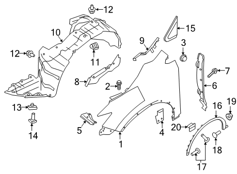 2017 Nissan Murano Fender & Components, Exterior Trim Mudguard-Center, Front RH Diagram for 76852-5AA0A