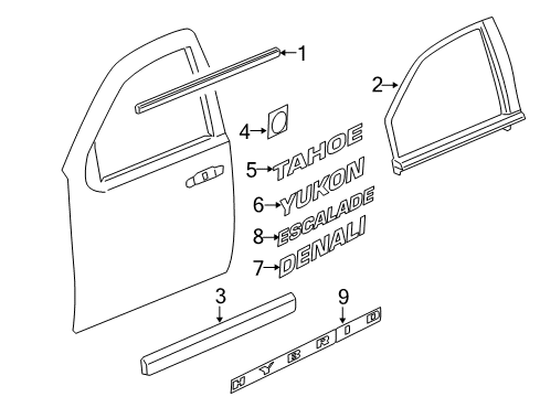 2010 Cadillac Escalade Exterior Trim - Front Door Reveal Molding Diagram for 20772075