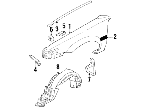 1991 Toyota Corolla Fender & Components Molding Brace Diagram for 53835-12050