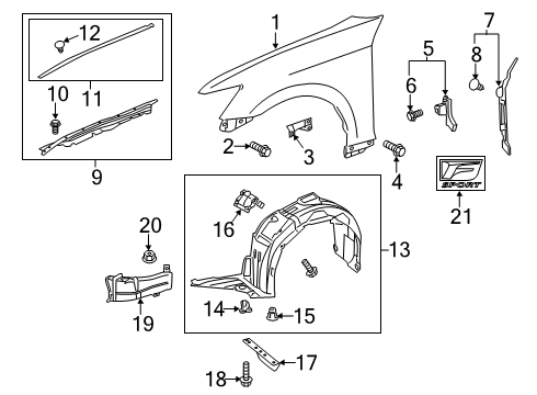2018 Lexus GS F Fender & Components, Exterior Trim Shield Sub-Assembly, Fender Diagram for 53805-30510