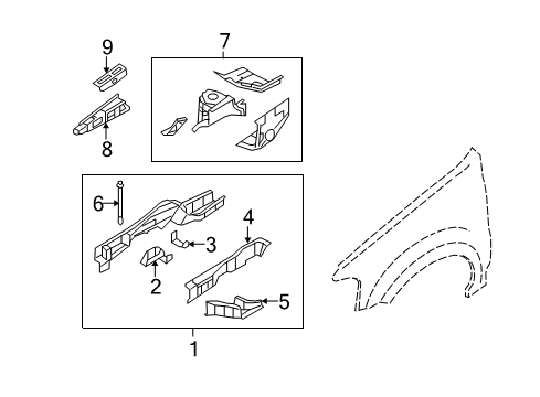 2011 Mercury Mariner Structural Components & Rails Apron Assembly Diagram for 8L8Z-16054-B