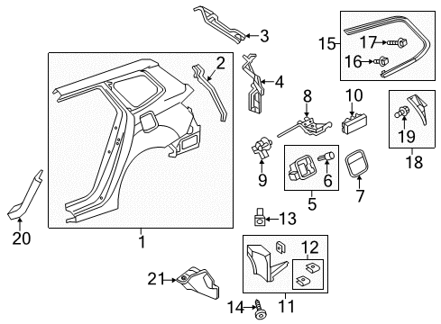 2014 Acura TSX Quarter Panel & Components, Exterior Trim Garnish Left, Rear Gutter Diagram for 74450-TL4-G00
