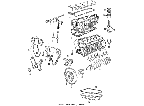 1993 BMW 750iL Engine Parts, Mounts, Cylinder Head & Valves, Camshaft & Timing, Oil Pan, Oil Pump, Crankshaft & Bearings, Pistons, Rings & Bearings Hub Diagram for 11231710301