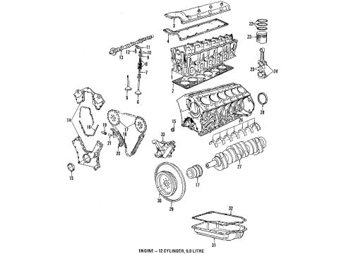 1995 BMW 850Ci Engine Parts, Mounts, Cylinder Head & Valves, Camshaft & Timing, Oil Pan, Oil Pump, Crankshaft & Bearings, Pistons, Rings & Bearings Guide-Bearing Shell White Diagram for 11211731054