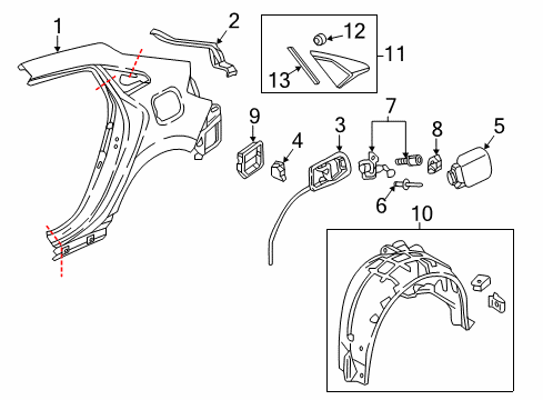 2017 Honda Civic Quarter Panel & Components, Exterior Trim Seal, L. RR. Corner Garnish Diagram for 73860-TGG-A01