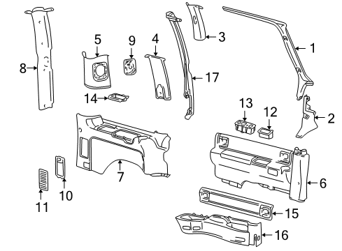 2000 GMC Safari Interior Trim - Side Panel Molding-Body Rear Corner Garnish *Paint To Mat*Graphite)(Pa Diagram for 15628879