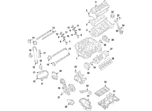 2015 Infiniti Q70 Engine Parts, Mounts, Cylinder Head & Valves, Camshaft & Timing, Variable Valve Timing, Oil Cooler, Oil Pan, Oil Pump, Crankshaft & Bearings, Pistons, Rings & Bearings Cover Assy-Front Diagram for 13500-1MC0A