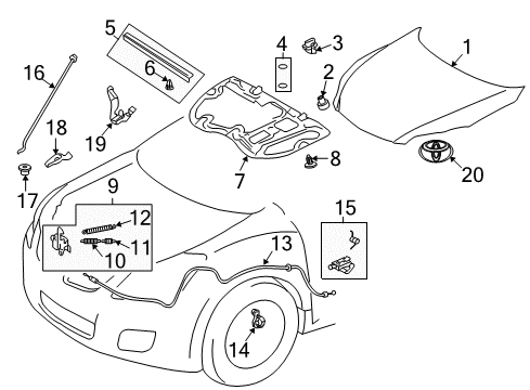 2011 Toyota Matrix Hood & Components, Exterior Trim Release Cable Diagram for 53630-02190