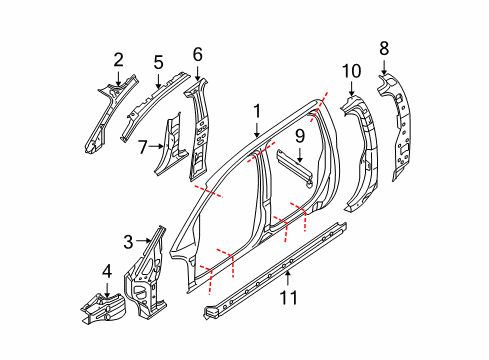 2007 Nissan Titan Center Pillar, Hinge Pillar, Lock Pillar, Rocker, Uniside Brace-Center Pillar Lower, LH Diagram for 76571-7S030