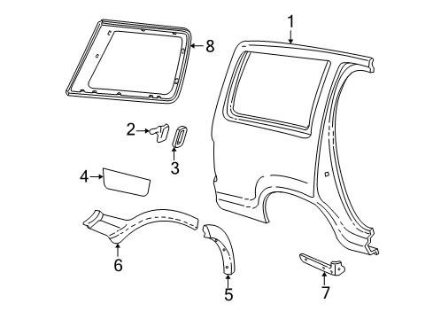 1999 Ford Explorer Quarter Panel & Components, Glass, Exterior Trim Body Side Molding Diagram for XL2Z-7829038-BAA