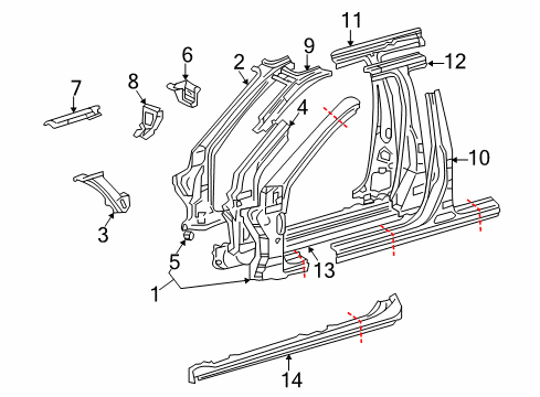 2004 Lexus LS430 Center Pillar & Rocker, Hinge Pillar Extension, Front Pillar, Upper Inner LH Diagram for 61142-50030