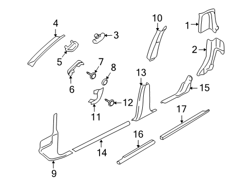 2009 Ford Explorer Sport Trac Interior Trim - Cab Weatherstrip Pillar Trim Diagram for 6L2Z-7803598-AAB