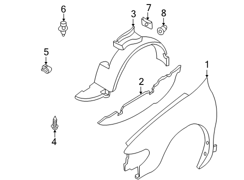 1999 Nissan Quest Fender & Components Protector-Front Fender, RH Diagram for 63842-2Z300