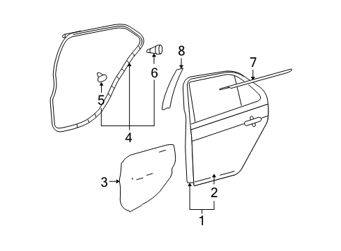 2007 Toyota Yaris Rear Door & Components, Exterior Trim Outer Panel Diagram for 67114-52180