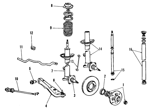 1985 Toyota Corolla Front Suspension Components, Lower Control Arm, Stabilizer Bar Strut Cartridge Diagram for 48023-12230