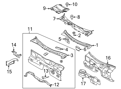 2019 Ford Mustang Cowl Support Bracket Diagram for FR3Z-63020B74-A