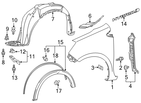 2016 Toyota Prius C Fender & Components, Exterior Trim Fender Liner Diagram for 53875-52320