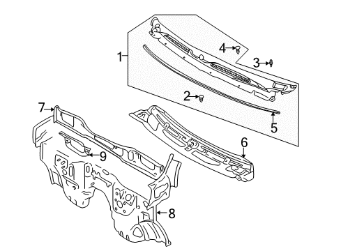 2004 Chevrolet Tracker Cowl Weatherstrip, Hood Rear Diagram for 30022757