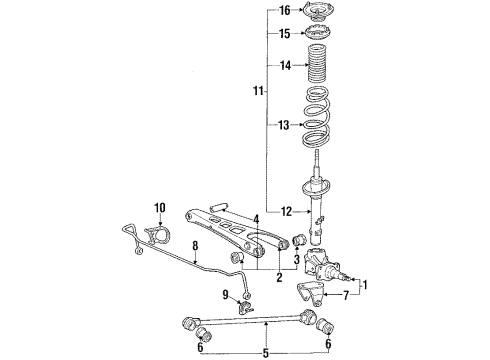 1986 Honda Prelude Rear Suspension Components, Lower Control Arm, Upper Control Arm, Stabilizer Bar Shock Absorber Assembly, Right Rear Diagram for 52610-SB0-951